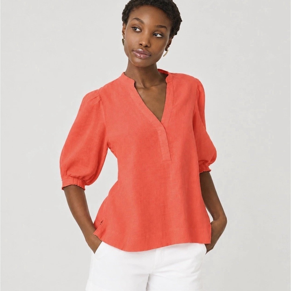 Lilly Pulitzer Mialeigh 100% Linen Top 6/8 Puff Elbow Sleeve Coral V Neck Summer